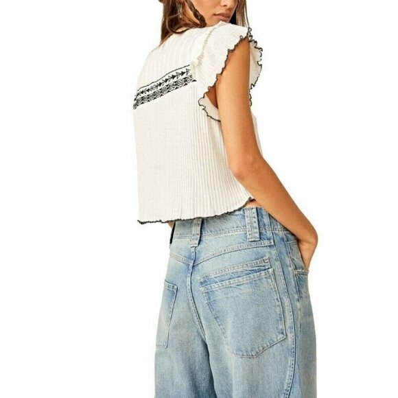 NEW FREE PEOPLE SARAFINA IVORY COMBO EMBROIDERED TASSEL TOP SZ MEDIUM - Picture 2 of 10